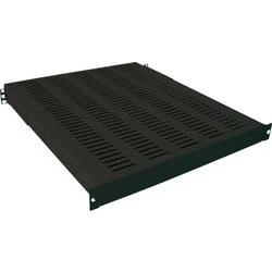 Black metal rack shelf with perforated design for ventilation, featuring mounting brackets for easy installation in a standard 19-inch rack.