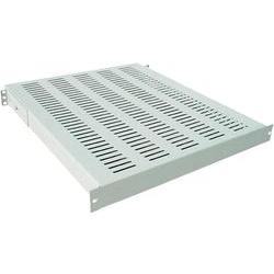 White metal rack accessory with a perforated surface for ventilation, designed for mounting in a server rack, featuring standard rack-mounting holes on the sides.