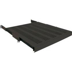 Black metal rack shelf with perforated design, featuring sliding rails for easy access, suitable for mounting in standard 19-inch server racks.