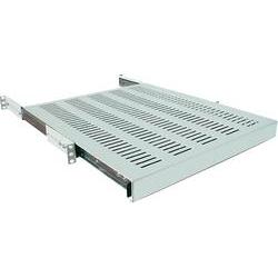 Silver metal rack accessory with a perforated design for ventilation, featuring sliding rails for easy access and compatibility with standard server racks.
