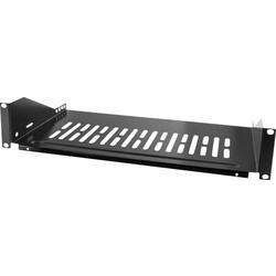 Black metal rack shelf with ventilation holes, designed for mounting in a server rack, featuring a sturdy construction and compatible with standard rack sizes.