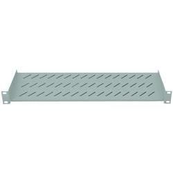 Gray metal rack accessory with a perforated design for ventilation, featuring mounting brackets on both ends for secure installation in a server rack.