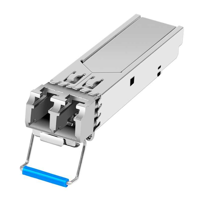 LogiLink SFP002 Network Transceiver Module in silver metal with a blue latch, designed for fiber optic connections, supporting speeds up to 1250 Mbit/s.