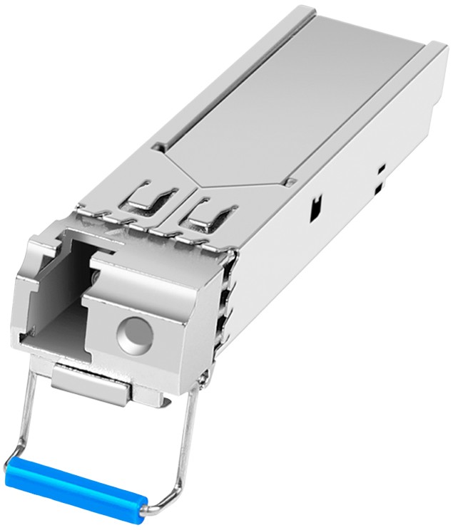 LogiLink SFP003 network transceiver module in silver metal with a blue pull tab, designed for fiber optic connections at 1250 Mbit/s.