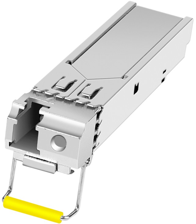 LogiLink SFP004 Network Transceiver Module in silver metal with a yellow pull tab, designed for fiber optic connections with a data rate of 1250 Mbit/s.