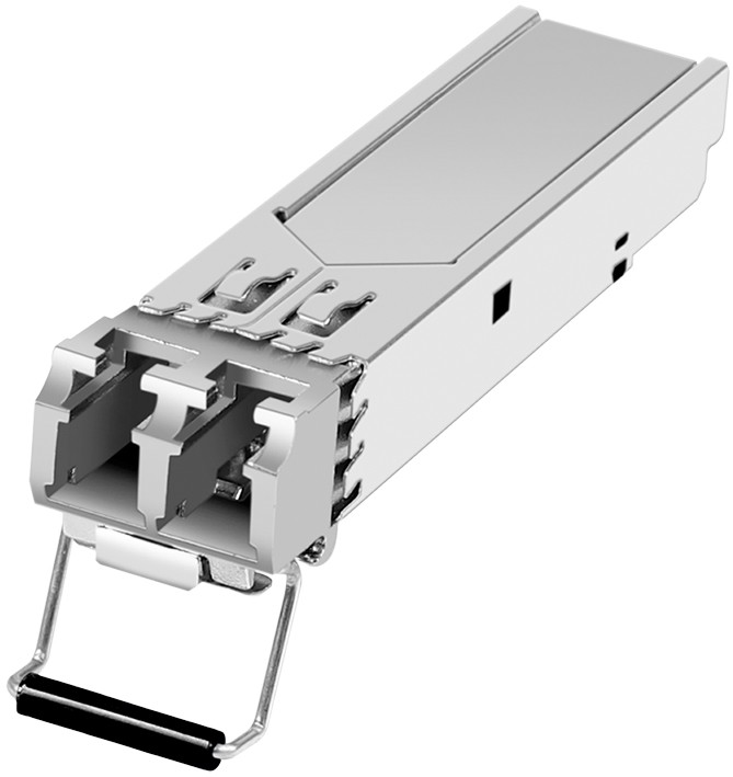 LogiLink SFP005 Network Transceiver Module in silver metal, featuring dual fiber optic ports and a pull tab for easy insertion, supporting speeds up to 2500 Mbit/s.