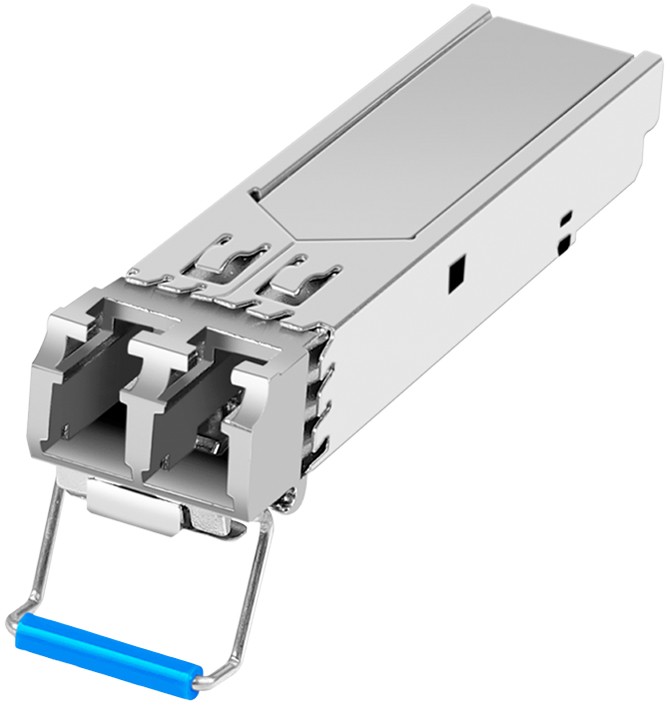 LogiLink SFP006 fiber optic transceiver module in silver metal with a blue latch, designed for 2500 Mbit/s data transfer, featuring dual LC connectors.