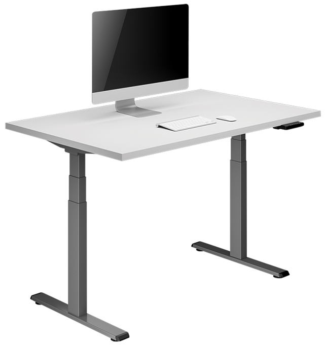 LogiLink sit-stand desk frame in grey with dual motors, featuring an easy-use controller and a sleek white tabletop, supporting a modern workspace setup.