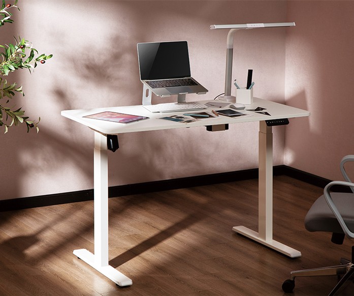 White LogiLink sit-stand desk frame with a single motor, featuring an easy-use controller, a laptop on a stand, a desk lamp, and a sleek design in a modern workspace.