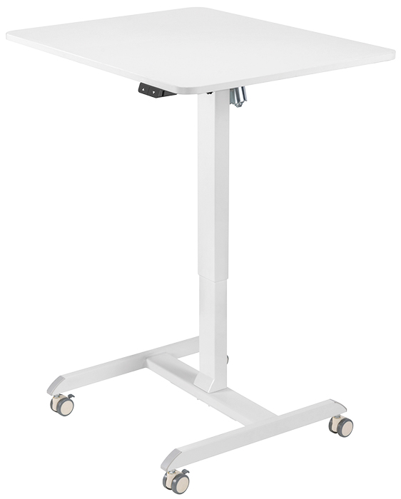White LogiLink sit-stand workstation with a single motor, featuring a square top and casters for mobility, designed for adjustable height.