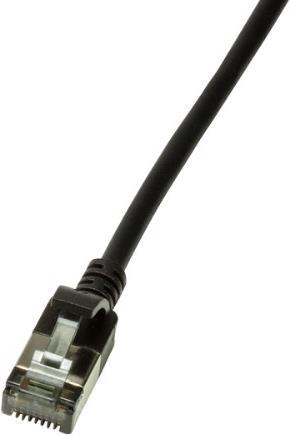 Black LogiLink Slim U/FTP networking cable, 0.5 meters long, featuring a Cat6a U/FTP (STP) connector with a clear plastic clip and a sleek, flexible design.