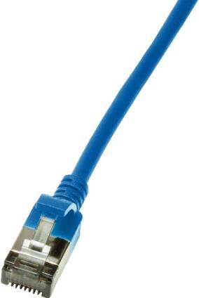 Blue 1.5-meter LogiLink Cat6a U/FTP networking cable featuring a slim design and a metallic connector with a transparent cover.