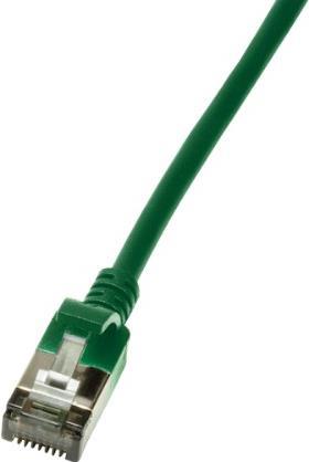 Green LogiLink Slim U/FTP networking cable, 1 meter long, featuring a sturdy connector with a clear plastic clip, designed for Cat6a performance.