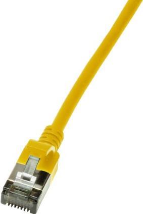 Yellow 1.5 m Cat6a U/FTP networking cable with a slim design, featuring a transparent plastic connector and metal pins for secure connections.