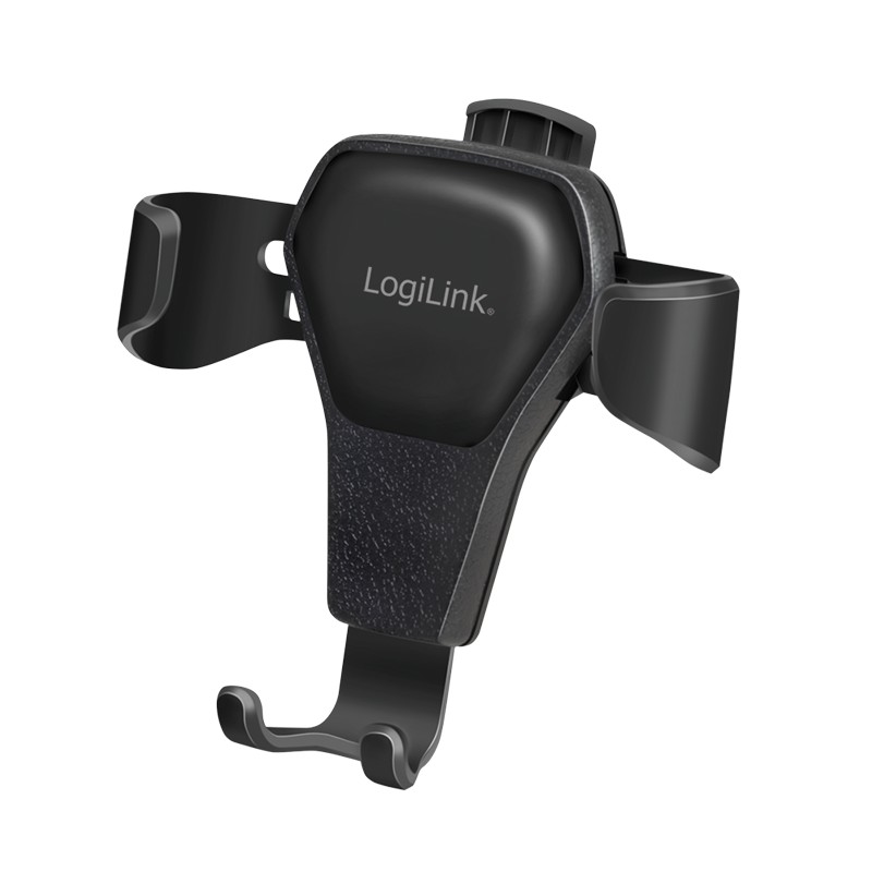 Black LogiLink smartphone holder designed for car air vents, featuring a sturdy plastic construction with adjustable grips for secure phone placement.