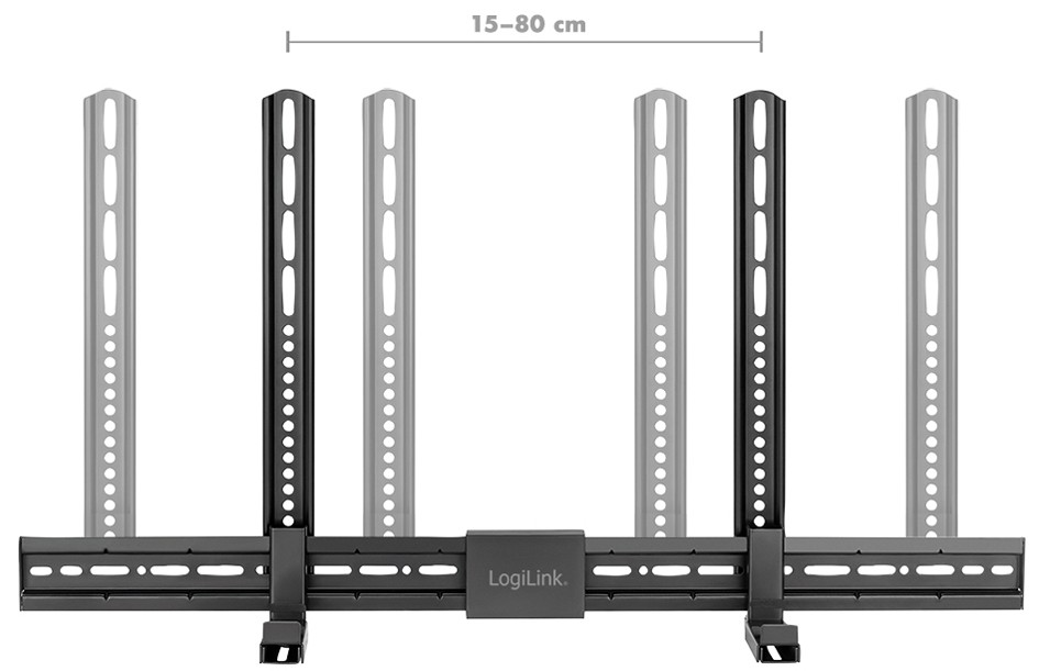 LogiLink Soundbar Mount in black, featuring adjustable metal brackets with multiple holes for universal compatibility, designed for soundbars with a width of 86-155mm.