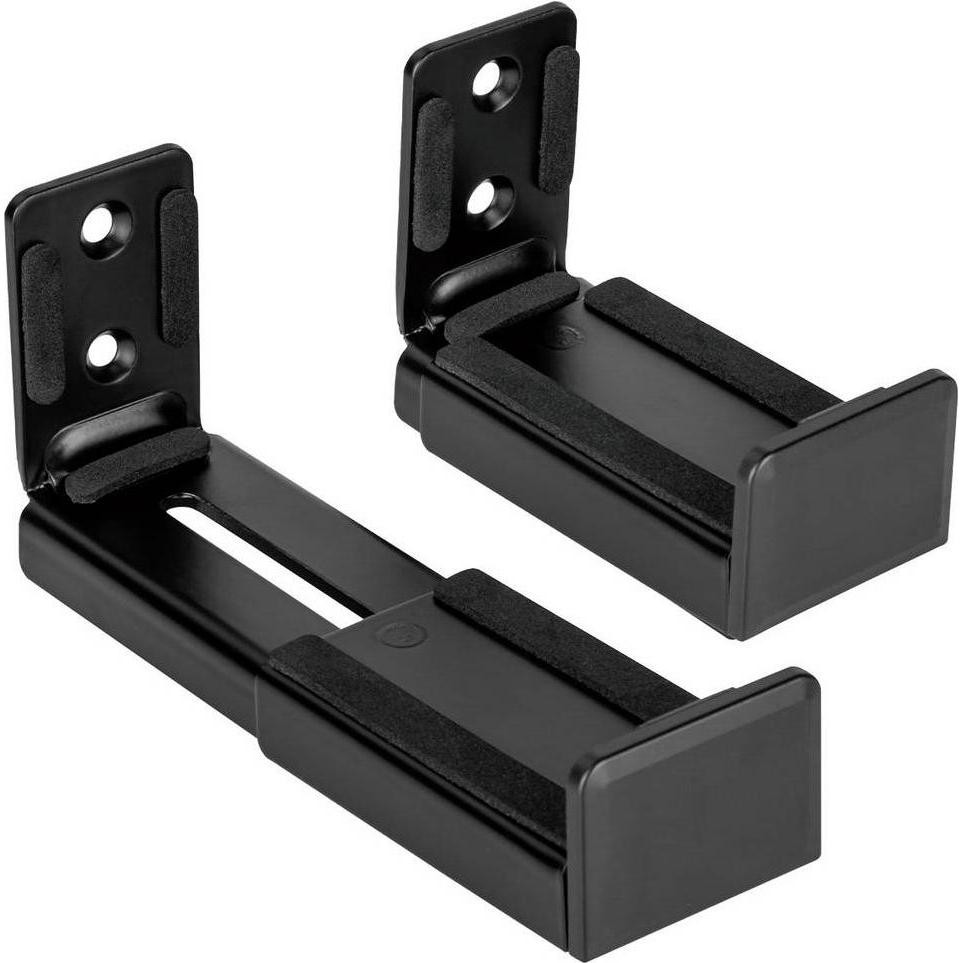 Black LogiLink soundbar wall mount designed for 9-15.4 cm width, features sturdy metal construction, foam padding for grip, and supports up to 15 kg.