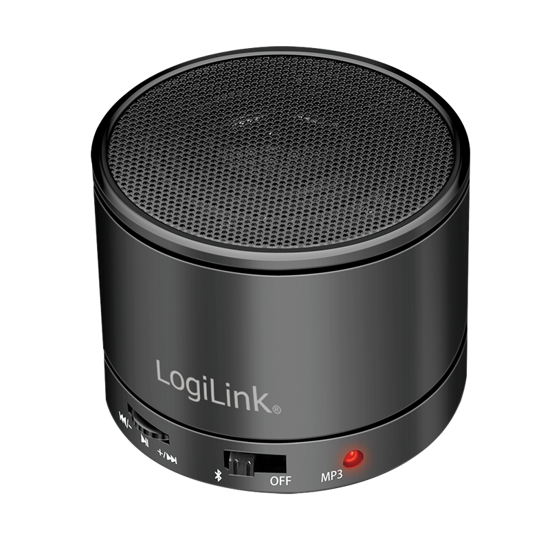 Compact black Bluetooth speaker with a textured mesh top, featuring FM radio, hands-free capability, and control buttons on the side, branded with the LogiLink logo.