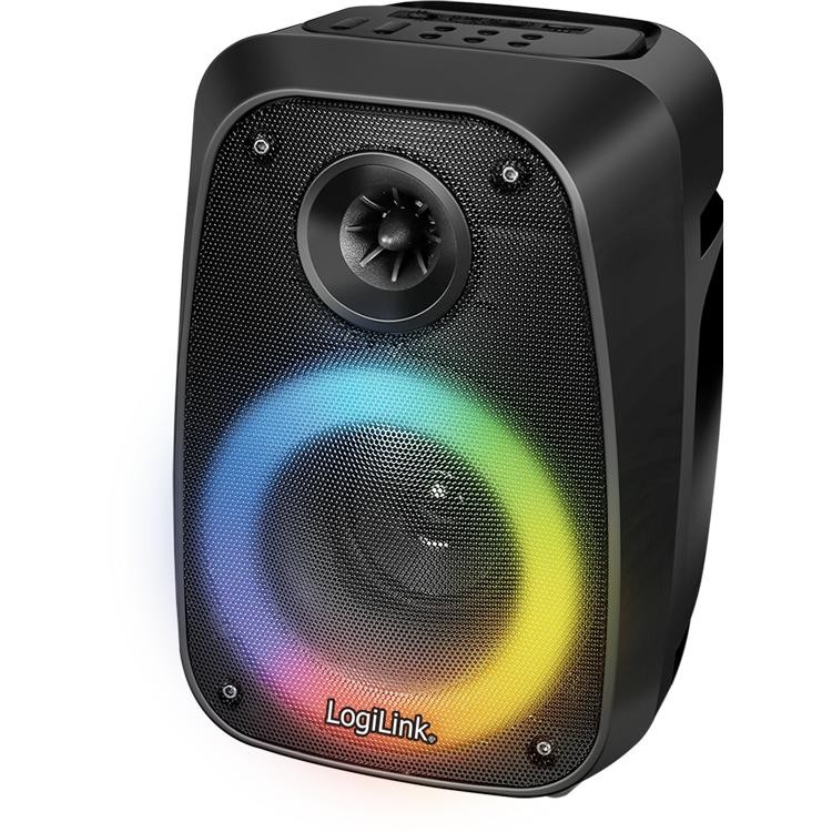 Portable black LogiLink speaker featuring Bluetooth 5.0, 10 W output, TWS capability, and a vibrant party light ring around the speaker.