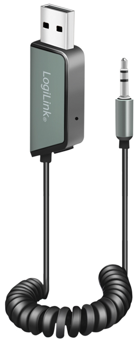 Bluetooth audio receiver in black and grey, featuring a USB connector and a coiled 3.5mm audio jack cable, designed for wireless audio streaming up to 8m range.