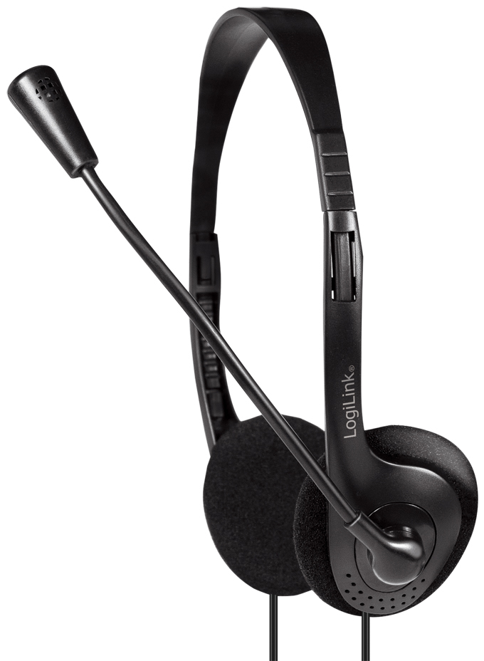 Black LogiLink stereo headset featuring a boom microphone, soft ear cushions, adjustable headband, and a single 3.5 mm headphone jack.