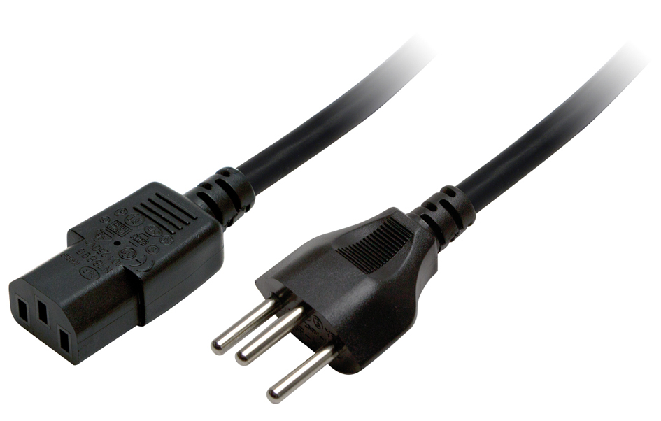 Black 1.8m C13 coupler cable with a Swiss-IEC plug on one end and a C13 connector on the other, featuring durable plastic material and a flexible design.