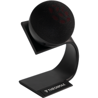 Black LogiLink Thronmax Fireball microphone with curved stand and mesh top, featuring a red paw print design.
