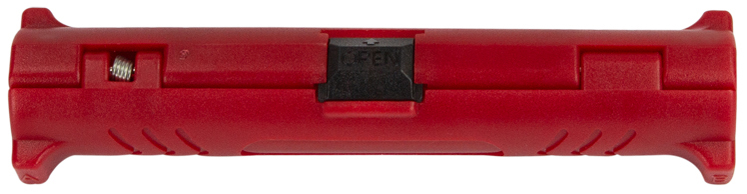 Red plastic coaxial cable stripper with a textured grip, featuring a central black adjustment knob and a compact design for easy handling.