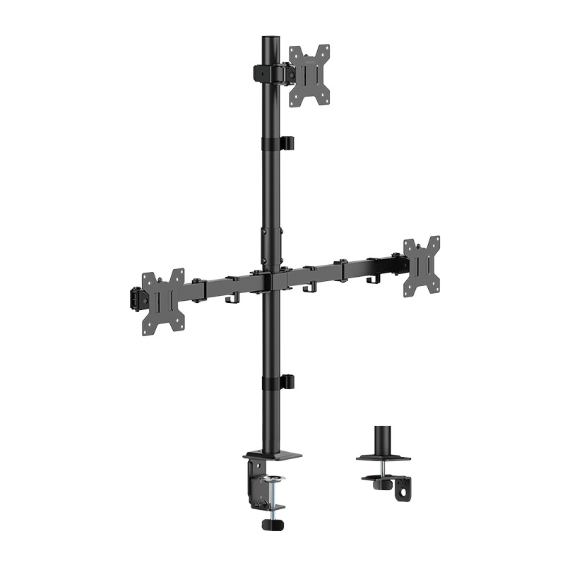 LogiLink Triple Monitor Mount in black steel, designed for 17"-32" screens, features adjustable arms and a sturdy base for secure desk mounting.