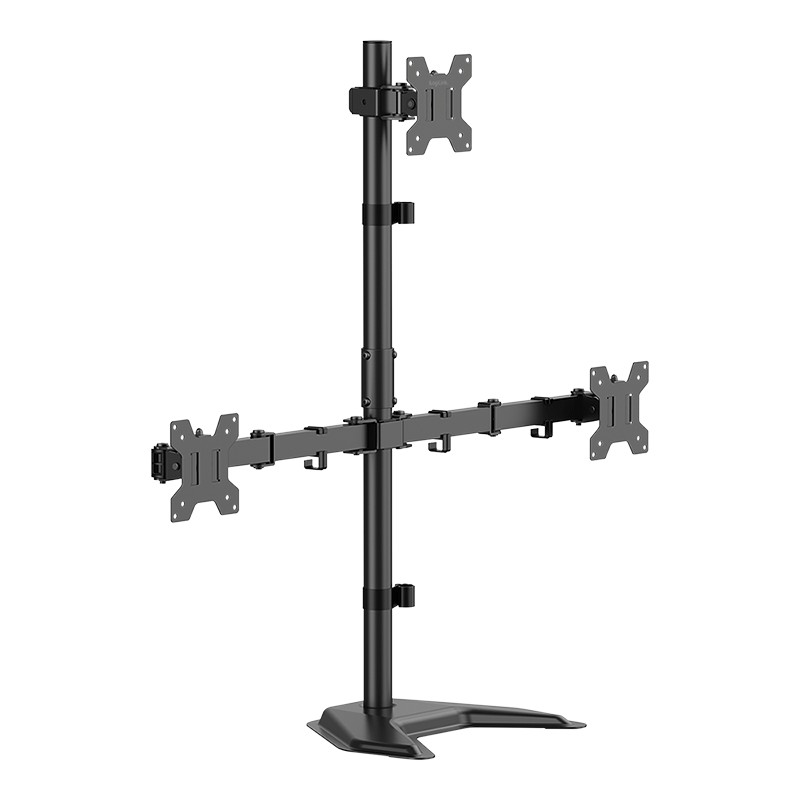 LogiLink Triple Monitor Stand in black steel, adjustable for 17"-32" monitors, featuring three mounting arms and a sturdy base for stability.