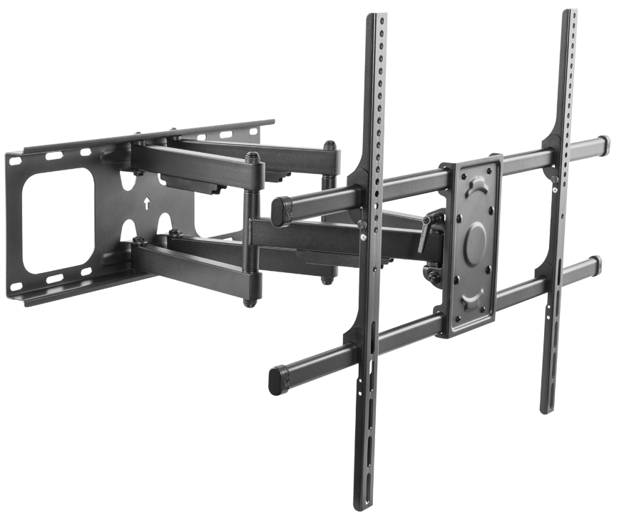 LogiLink TV Wall Mount in black, designed for 50–90" screens, features a tilting and swiveling mechanism, supporting up to 75 kg, with adjustable brackets for easy installation.