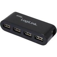 Black LogiLink UA0085 USB hub with four ports, compact rectangular design, and LogiLink logo on top.