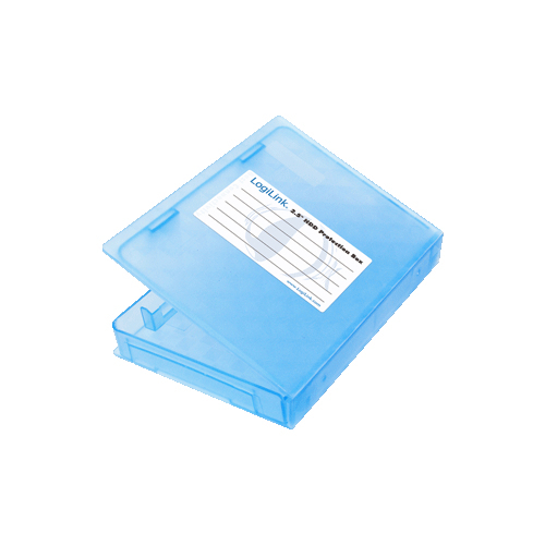 Transparent blue storage drive case with a hinged lid, featuring a label area for identification and a compact design suitable for 3.5" drives.