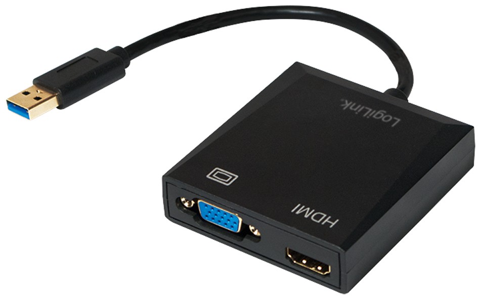 Black Logilink UA0234 USB VGA HDMI adapter with a 10cm USB 3.0 cable, featuring one VGA port and one HDMI port on the side.