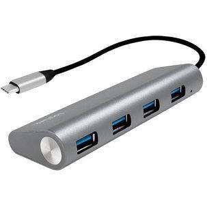 Silver aluminum USB hub with a sleek, elongated design, featuring three USB 3.2 Gen 1 ports and a Type-C connector, all connected by a black cable.