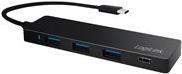 Black LogiLink UA0311 USB-C 3.2 Gen 2 multiport hub featuring four ports, including three USB-A and one USB-C, with a sleek, compact design and an attached USB-C cable.