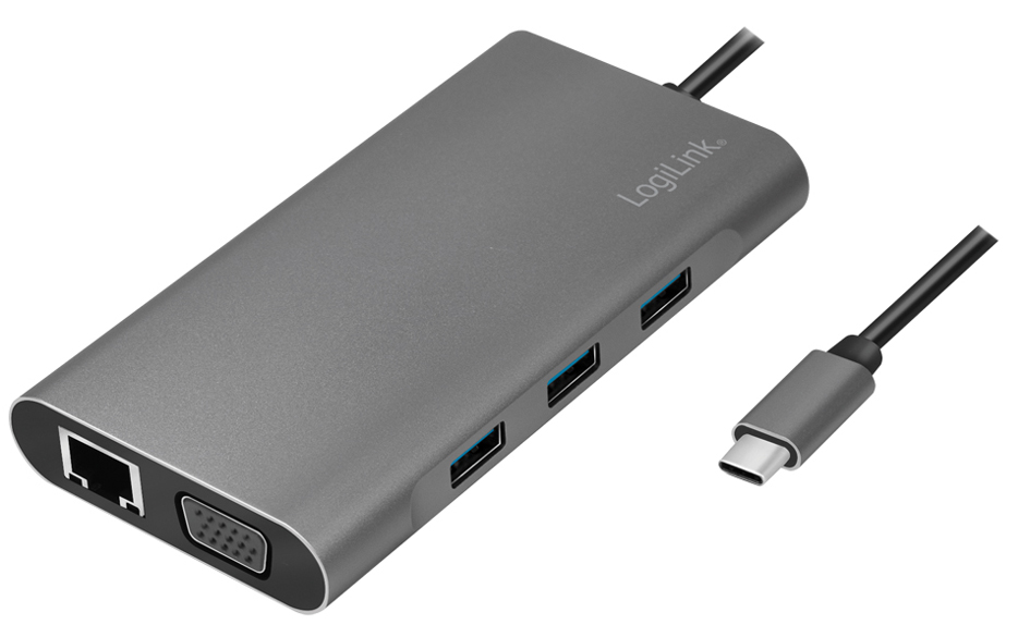 Gray LogiLink UA0383 laptop dock with three USB 3.2 Gen 1 ports, a VGA port, and an Ethernet port, featuring a USB-C cable for connection.