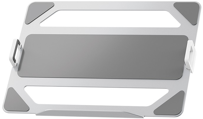 Silver aluminum laptop holder with a sleek design, featuring a central gray area and four rubberized corners for stability, compatible with monitor arms.