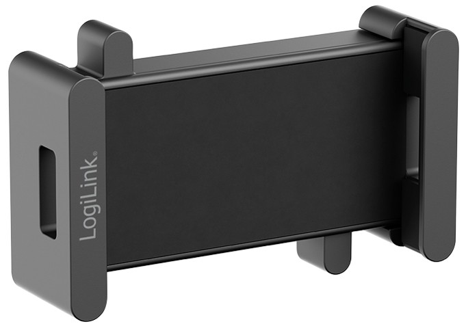 Black LogiLink Universal VESA Compatible Tablet Clamp featuring a sturdy design with adjustable grips and a smooth matte finish, ideal for securely holding tablets.