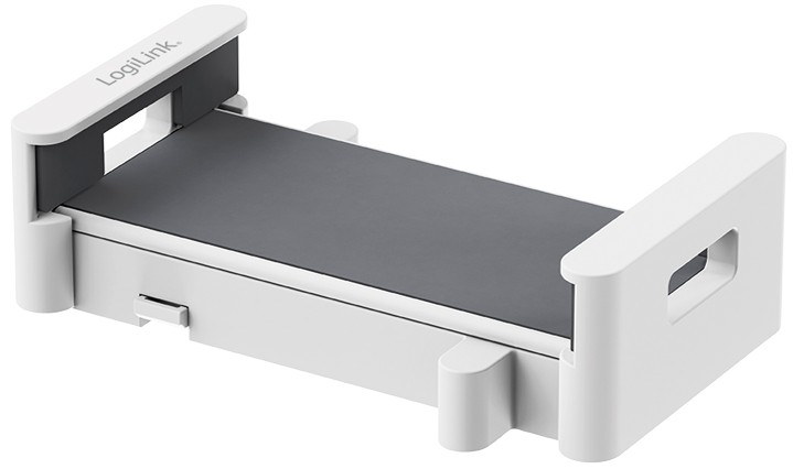 White LogiLink Universal VESA Compatible Tablet Clamp featuring a sleek design with a black rubberized surface for grip and adjustable side clamps for secure tablet holding.