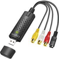 Black LogiLink USB 2.0 A/V grabber with USB A/M connector, 3 RCA plugs in yellow, white, red, and miniDIN5/F connector.