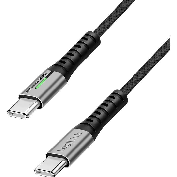 LogiLink USB 2.0 Type-C cable in black nylon with metallic connectors, featuring a green LED indicator and capable of 480 Mbps data transfer and 100W power delivery.