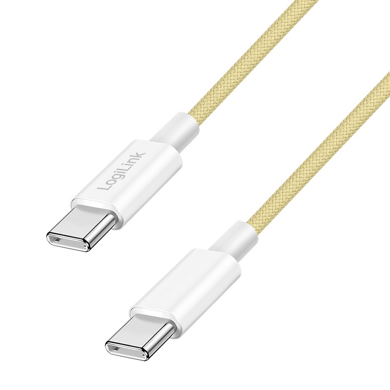 Yellow LogiLink CU0352 USB-C cable, 0.5 meters long, featuring USB 2.0 connectivity with durable braided material and sleek silver connectors on both ends.