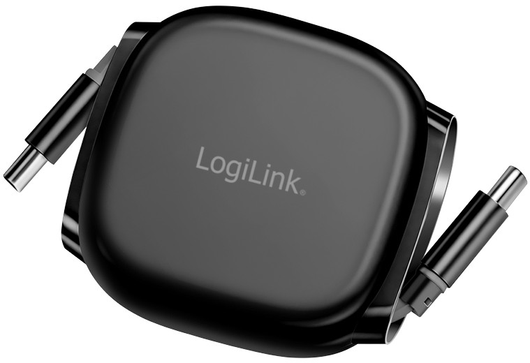 Black LogiLink USB 2.0 Type-C retractable cable with C/M to C/M connectors, supports 480 Mbps data transfer and 60W power delivery.