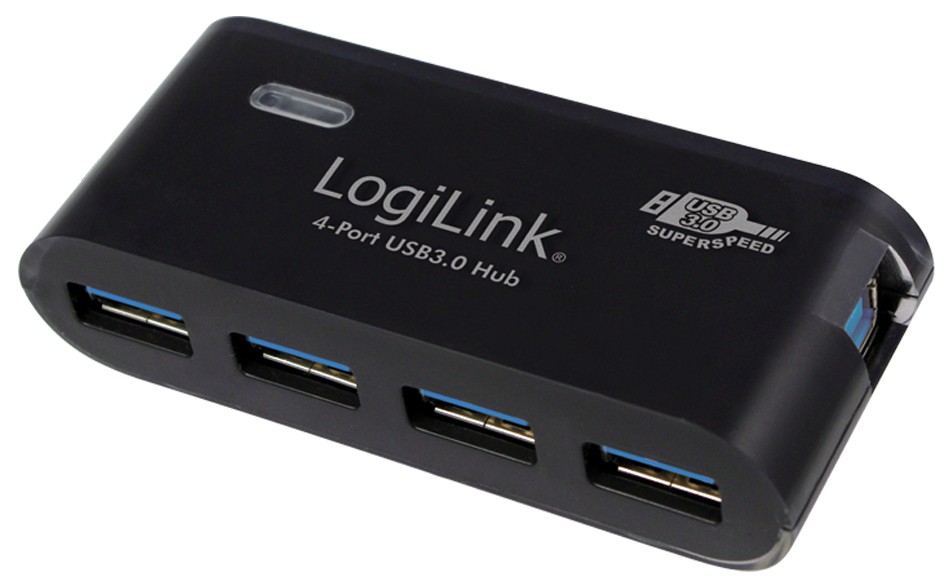 Black LogiLink USB 3.0 hub with four ports, featuring a sleek design, blue accents, and a SuperSpeed logo, capable of 5000 Mbit/s data transfer.