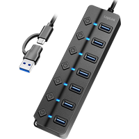 Black LogiLink USB 3.2 Gen 1 Hub with 7 ports, each with a blue-lit switch, rectangular design.