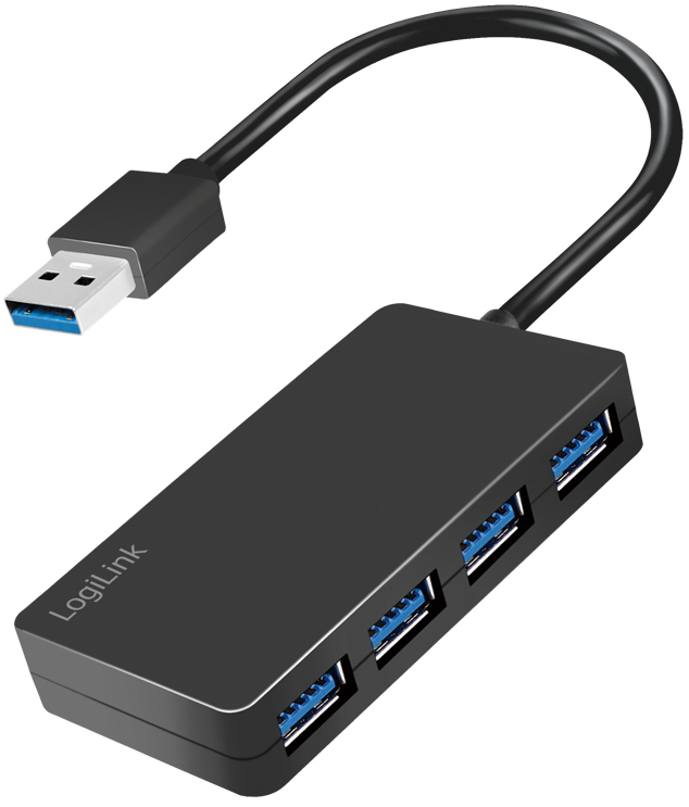 Black LogiLink UA0396 USB 3.1 hub with a 4-port splitter, featuring a sleek design and a USB-A connector, ideal for expanding connectivity options.