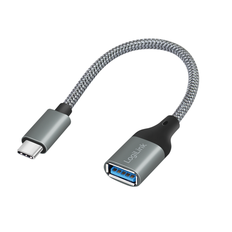 LogiLink USB 3.2 Gen1 Type-C adapter featuring a sleek aluminum design, a braided cable, and a USB-A female connector with blue accents for high-speed data transfer.