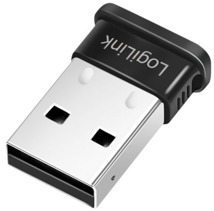 LogiLink BT0066 Bluetooth dongle in black and silver, featuring a compact USB design with two ports and a sleek finish for easy connectivity.
