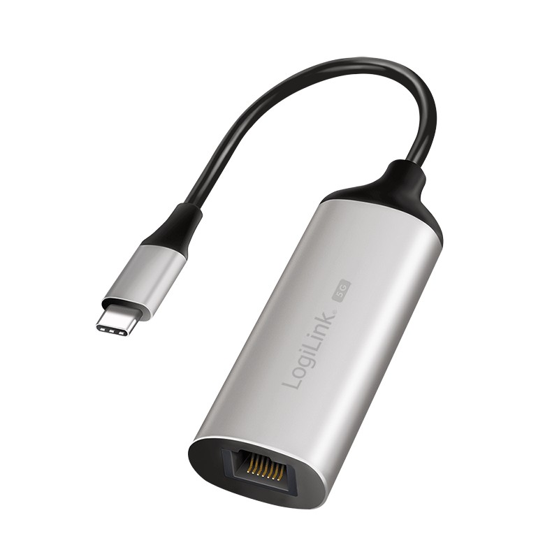 Silver aluminum LogiLink USB adapter with a USB-C connector and a 5G Gigabit Ethernet port, featuring a flexible black cable.